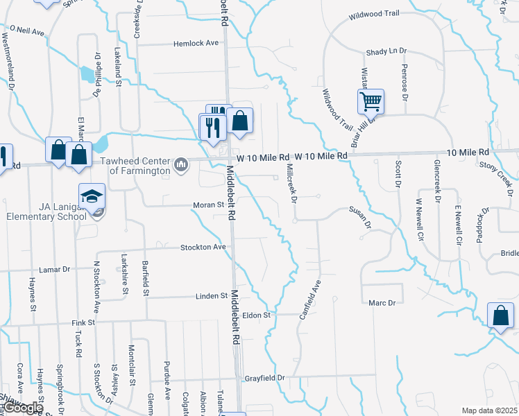map of restaurants, bars, coffee shops, grocery stores, and more near 23960 Middlebelt Road in Farmington Hills