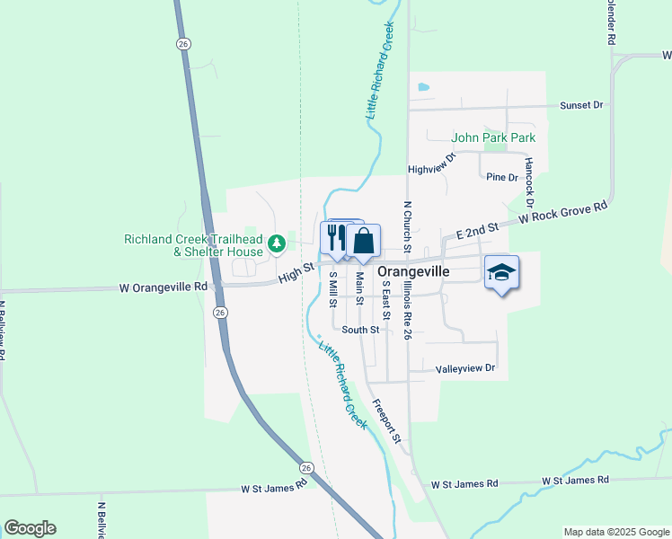 map of restaurants, bars, coffee shops, grocery stores, and more near 109 South Mill Street in Orangeville