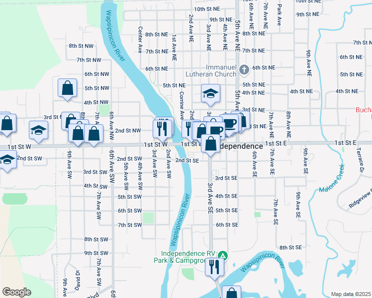 map of restaurants, bars, coffee shops, grocery stores, and more near 124 2nd Avenue Southwest in Independence