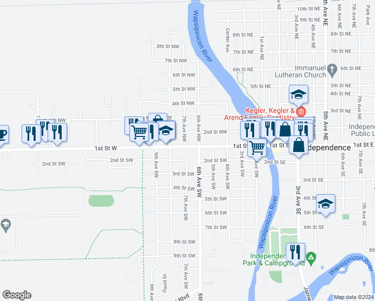 map of restaurants, bars, coffee shops, grocery stores, and more near 113 6th Avenue Southwest in Independence