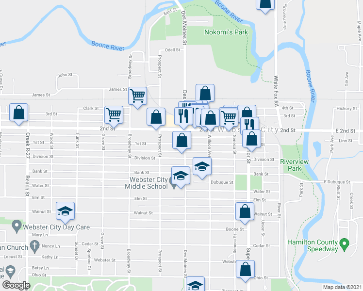 map of restaurants, bars, coffee shops, grocery stores, and more near 813 Des Moines Street in Webster City