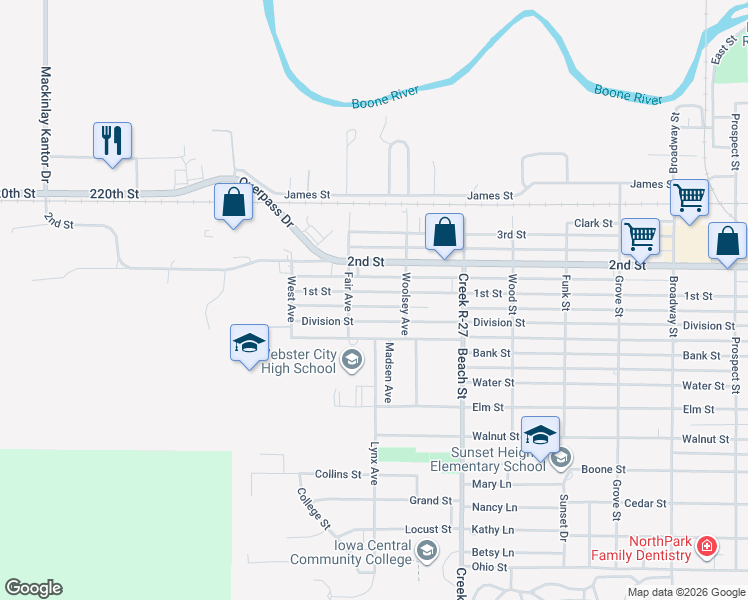 map of restaurants, bars, coffee shops, grocery stores, and more near 1401-1455 Division Street in Webster City