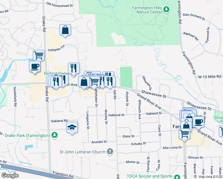map of restaurants, bars, coffee shops, grocery stores, and more near 24055 Gill Road in Farmington