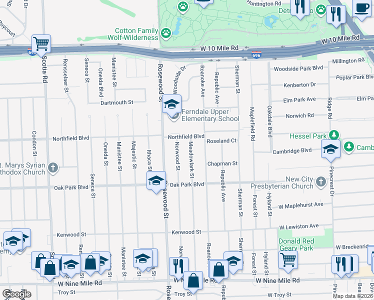 map of restaurants, bars, coffee shops, grocery stores, and more near 24024 Meadowlark Street in Oak Park