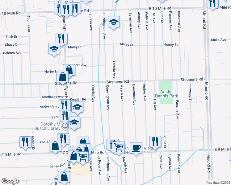 map of restaurants, bars, coffee shops, grocery stores, and more near 23891 Masch Avenue in Warren