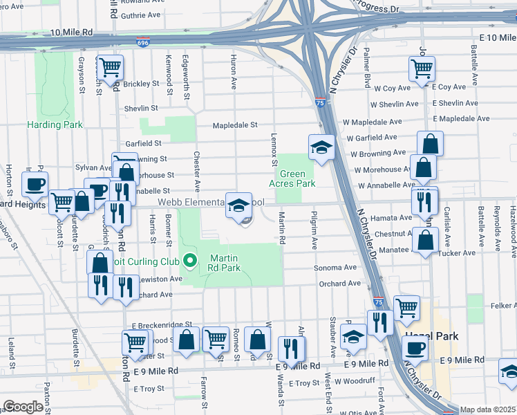 map of restaurants, bars, coffee shops, grocery stores, and more near 2200 Woodward Heights in Ferndale