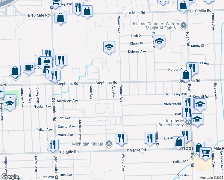 map of restaurants, bars, coffee shops, grocery stores, and more near 23853 Ada Avenue in Warren