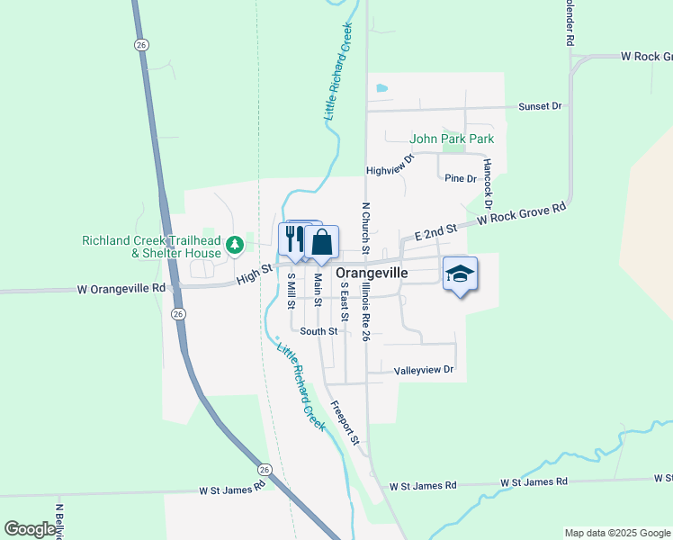 map of restaurants, bars, coffee shops, grocery stores, and more near 203 West High Street in Orangeville