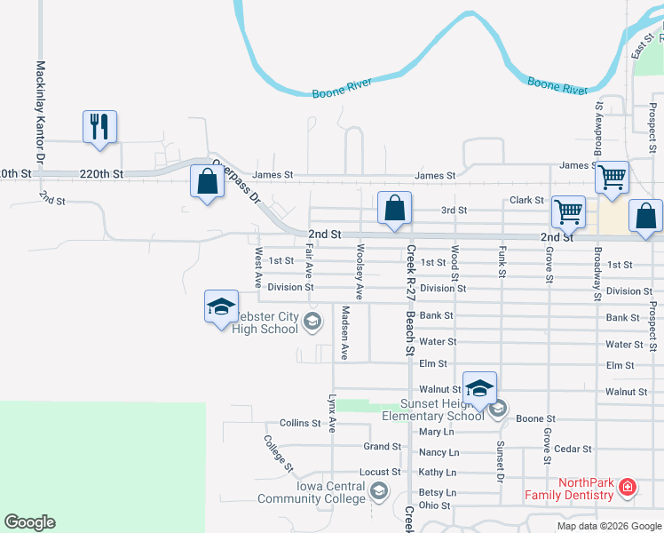 map of restaurants, bars, coffee shops, grocery stores, and more near 1401-1455 Division Street in Webster City