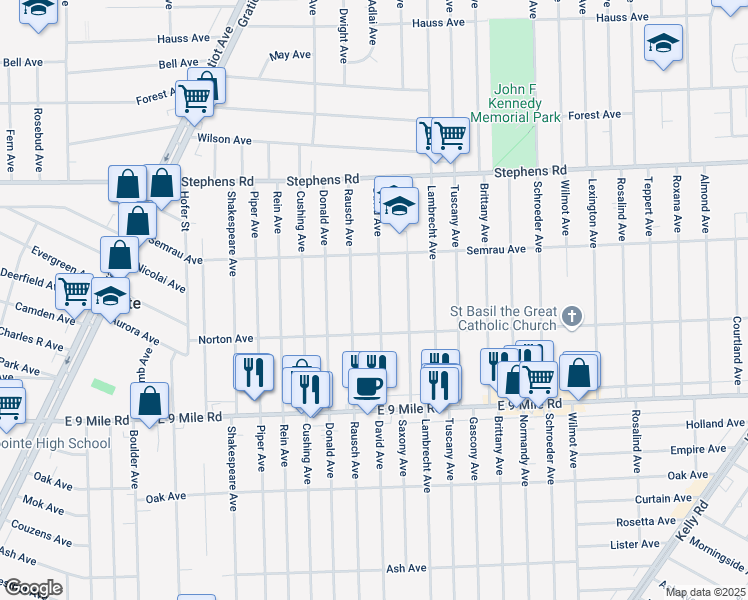 map of restaurants, bars, coffee shops, grocery stores, and more near 23043 David Avenue in Eastpointe