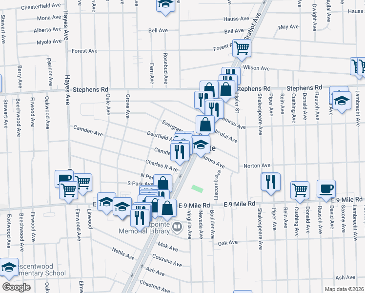 map of restaurants, bars, coffee shops, grocery stores, and more near 15815 Camden Avenue in Eastpointe