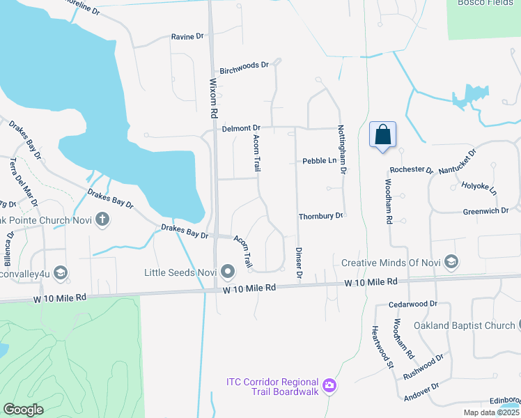 map of restaurants, bars, coffee shops, grocery stores, and more near 24833 Mallard Trail Lane in Novi