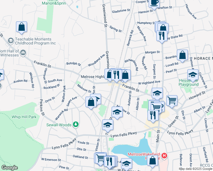 map of restaurants, bars, coffee shops, grocery stores, and more near 554 Franklin Street in Melrose