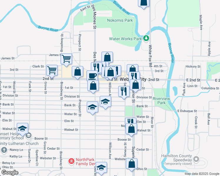 map of restaurants, bars, coffee shops, grocery stores, and more near 801 Willson Avenue in Webster City