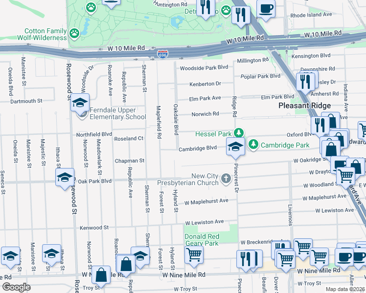 map of restaurants, bars, coffee shops, grocery stores, and more near 135 Cambridge Boulevard in Pleasant Ridge