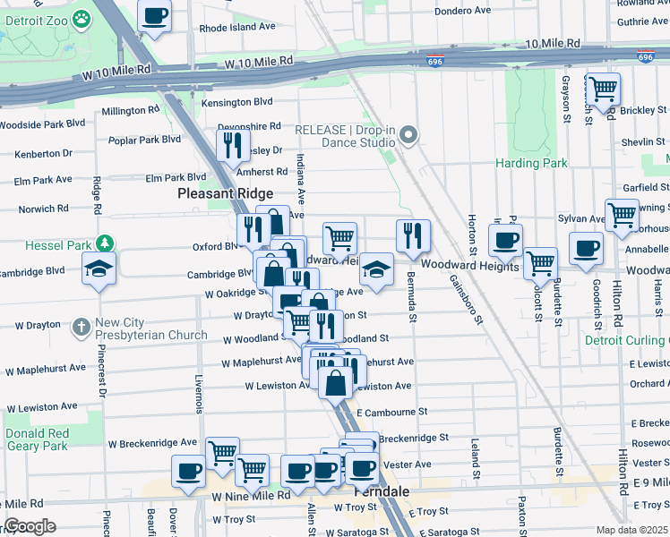 map of restaurants, bars, coffee shops, grocery stores, and more near 161 East Oakridge Avenue in Ferndale