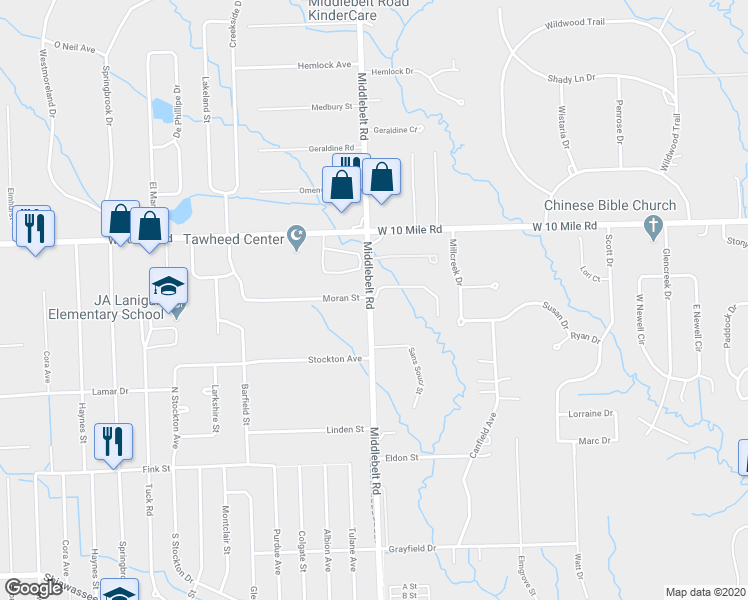 map of restaurants, bars, coffee shops, grocery stores, and more near 23870 Middlebelt Road in Farmington Hills