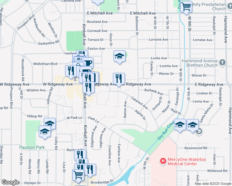 map of restaurants, bars, coffee shops, grocery stores, and more near 3216 Tropic Lane in Waterloo