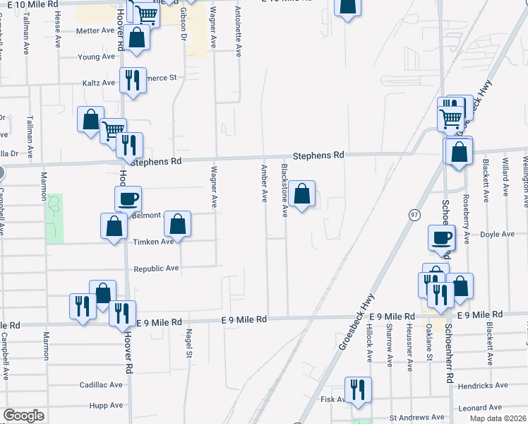 map of restaurants, bars, coffee shops, grocery stores, and more near in Warren