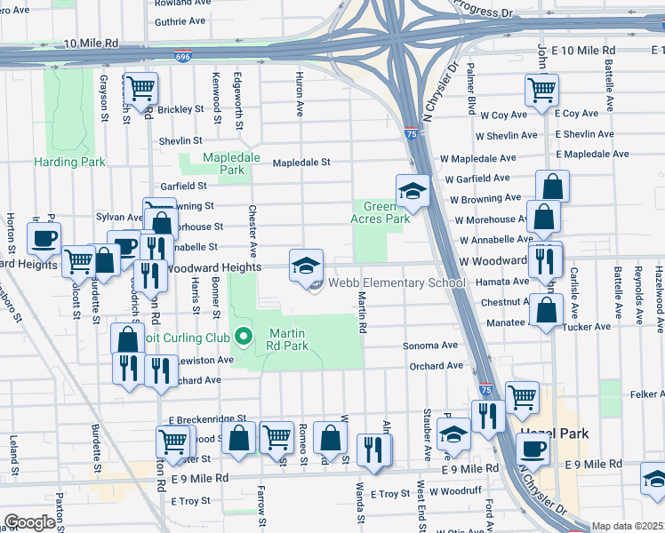 map of restaurants, bars, coffee shops, grocery stores, and more near 2200 Woodward Heights in Ferndale