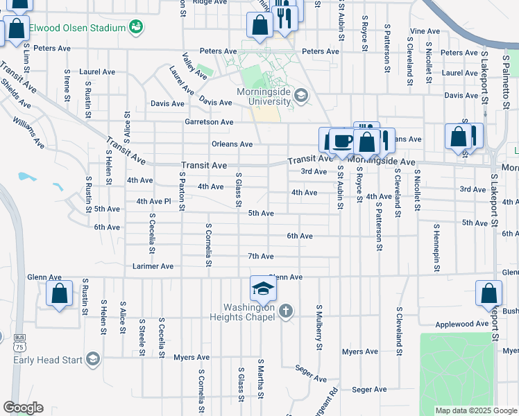 map of restaurants, bars, coffee shops, grocery stores, and more near 3514 5th Avenue in Sioux City