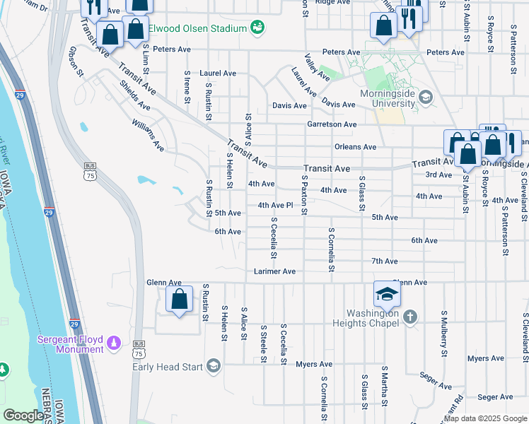 map of restaurants, bars, coffee shops, grocery stores, and more near 2250-2298 South Cecelia Street in Sioux City