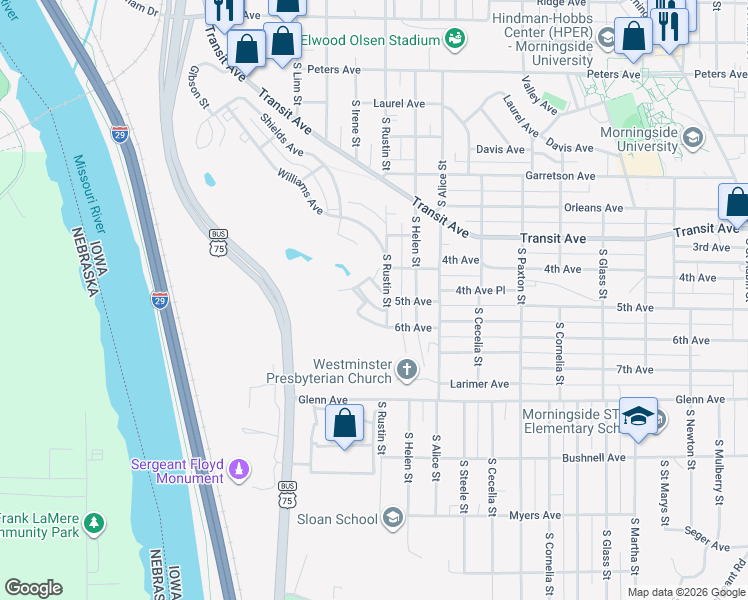 map of restaurants, bars, coffee shops, grocery stores, and more near 2871 Drewyer Avenue in Sioux City