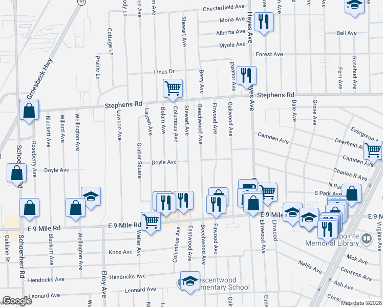 map of restaurants, bars, coffee shops, grocery stores, and more near 23295 Stewart Avenue in Warren