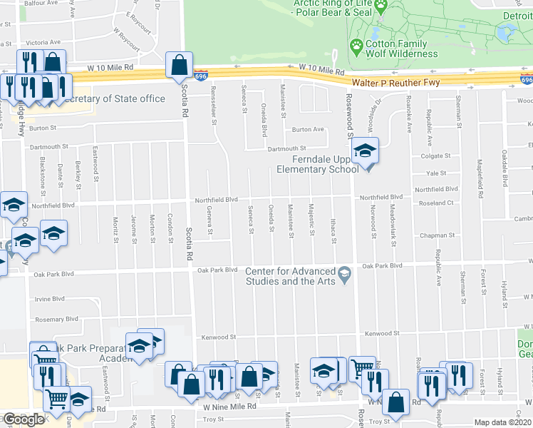 map of restaurants, bars, coffee shops, grocery stores, and more near 24091 Oneida Street in Oak Park