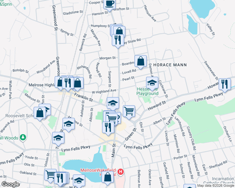map of restaurants, bars, coffee shops, grocery stores, and more near 986 Main Street in Melrose