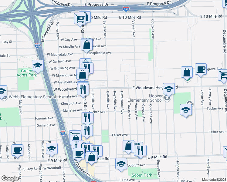map of restaurants, bars, coffee shops, grocery stores, and more near 23818 Reynolds Avenue in Hazel Park