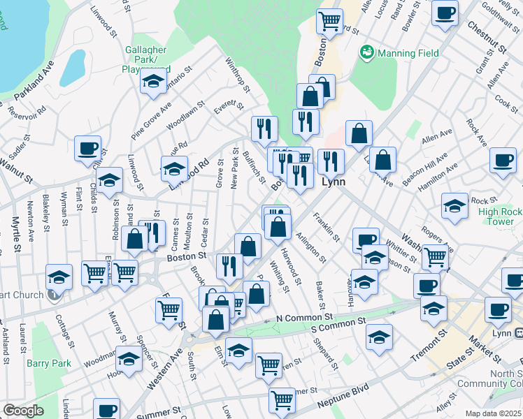 map of restaurants, bars, coffee shops, grocery stores, and more near 278 Boston Street in Lynn
