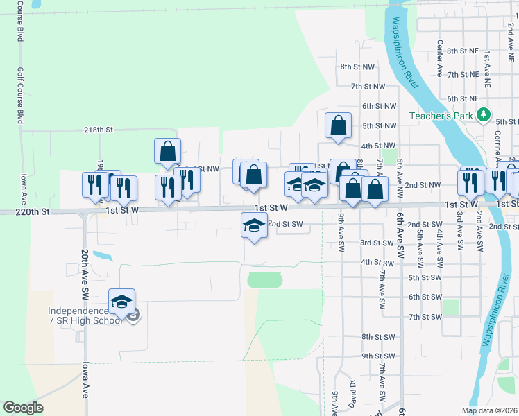 map of restaurants, bars, coffee shops, grocery stores, and more near 101 13th Avenue Northwest in Independence