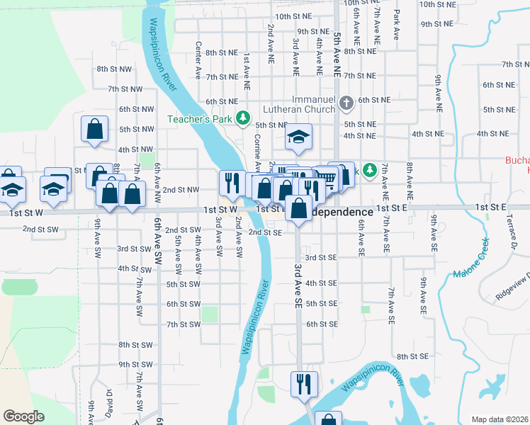 map of restaurants, bars, coffee shops, grocery stores, and more near 206 2nd Street Southeast in Independence