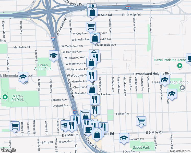 map of restaurants, bars, coffee shops, grocery stores, and more near 23919 John R Road in Hazel Park