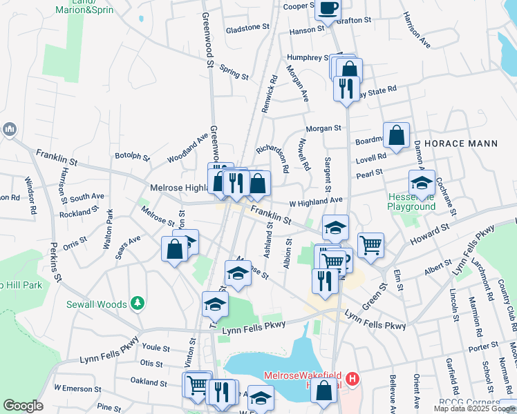map of restaurants, bars, coffee shops, grocery stores, and more near 19 Ellsworth Avenue in Melrose