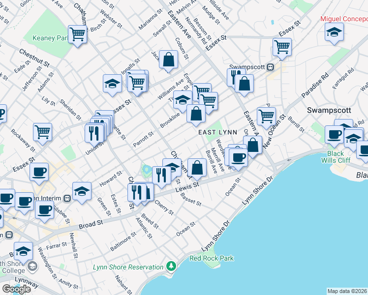 map of restaurants, bars, coffee shops, grocery stores, and more near 53 Chatham Street in Lynn