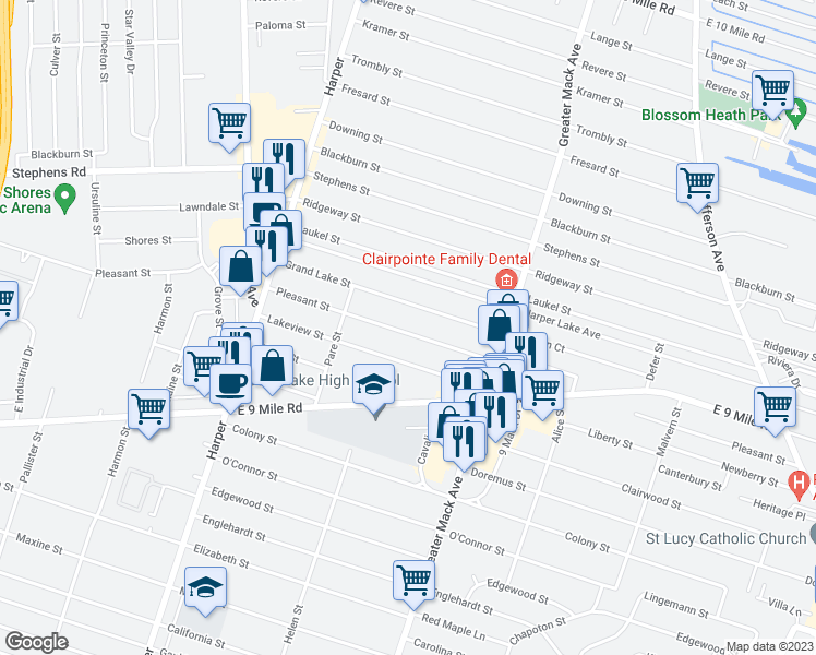 map of restaurants, bars, coffee shops, grocery stores, and more near 21921 Pleasant Street in Saint Clair Shores