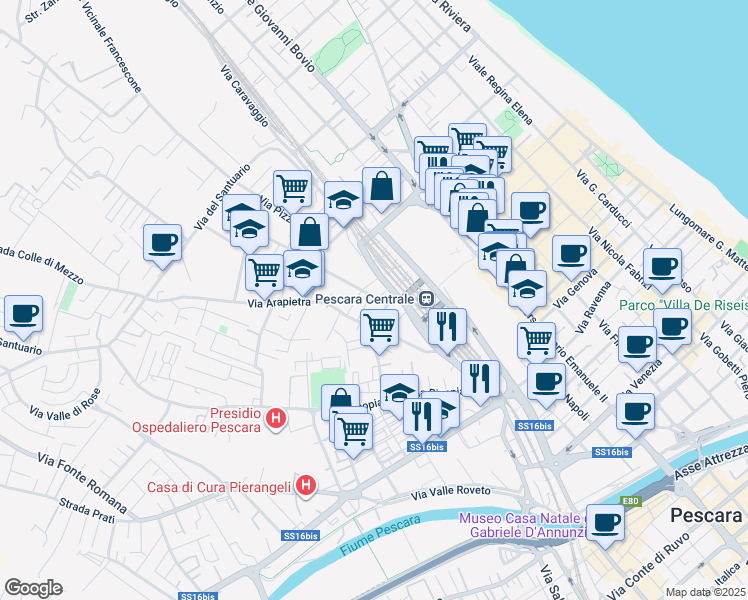 map of restaurants, bars, coffee shops, grocery stores, and more near 5 Via Fucino in Pescara