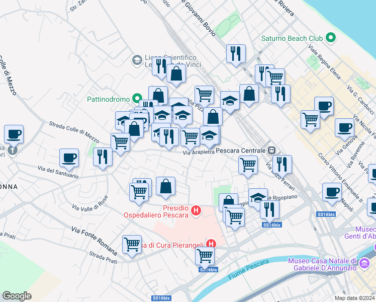 map of restaurants, bars, coffee shops, grocery stores, and more near 99 Via Passo della Portella in Pescara