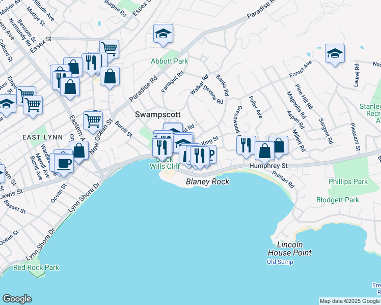 map of restaurants, bars, coffee shops, grocery stores, and more near 11 Rockland Street in Swampscott