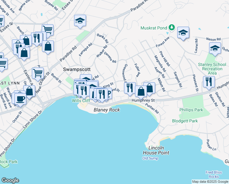 map of restaurants, bars, coffee shops, grocery stores, and more near 9 Humphrey Terrace in Swampscott