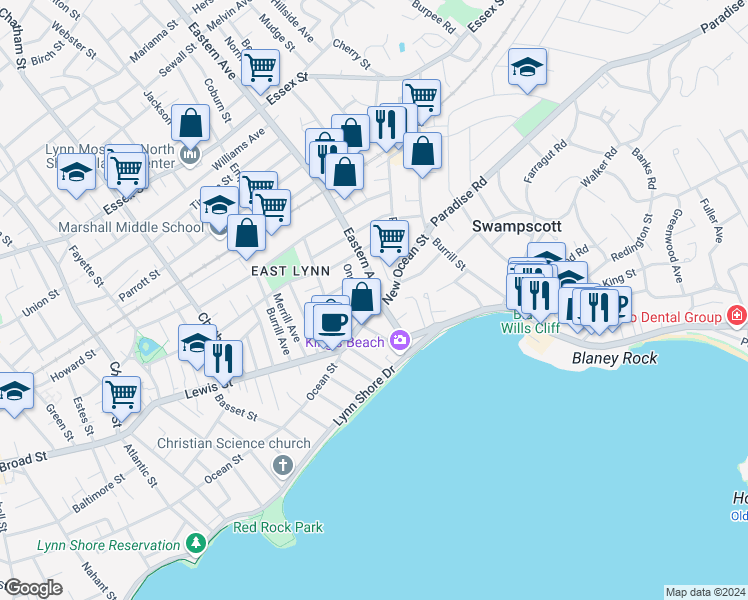 map of restaurants, bars, coffee shops, grocery stores, and more near in Lynn