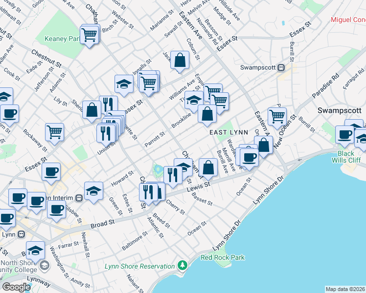 map of restaurants, bars, coffee shops, grocery stores, and more near 14 Bloomfield Street in Lynn