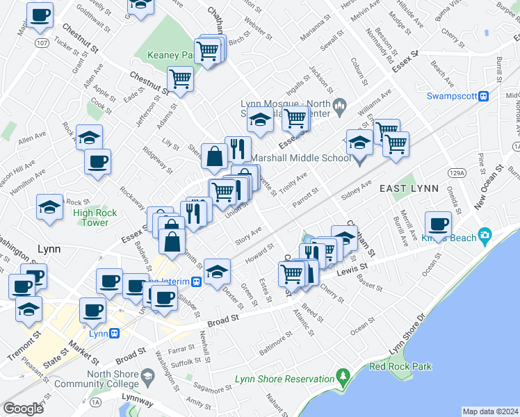 map of restaurants, bars, coffee shops, grocery stores, and more near 122-124 Chestnut Street in Lynn