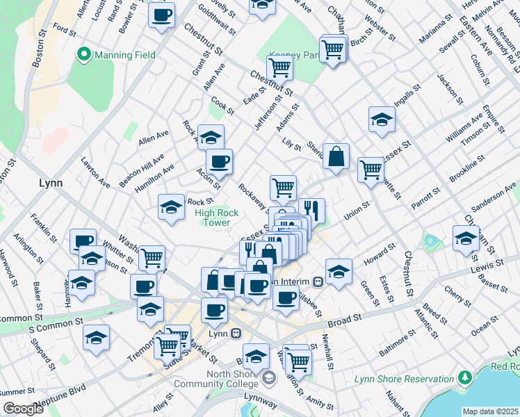 map of restaurants, bars, coffee shops, grocery stores, and more near 9 Essex Court in Lynn