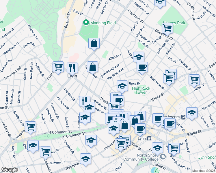 map of restaurants, bars, coffee shops, grocery stores, and more near 70 Rogers Avenue in Lynn