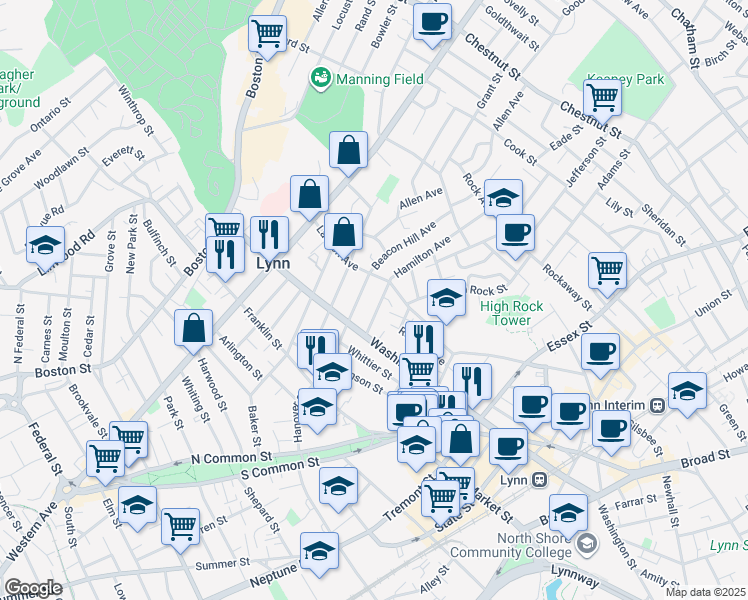 map of restaurants, bars, coffee shops, grocery stores, and more near 10 Hamilton Avenue in Lynn