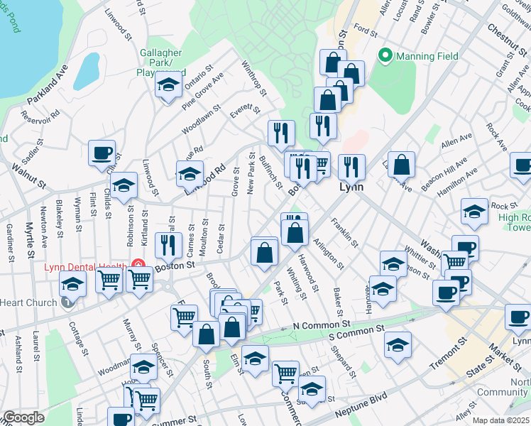 map of restaurants, bars, coffee shops, grocery stores, and more near 296 Boston Street in Lynn