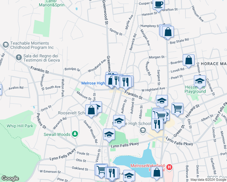 map of restaurants, bars, coffee shops, grocery stores, and more near 252 Tremont Street in Melrose